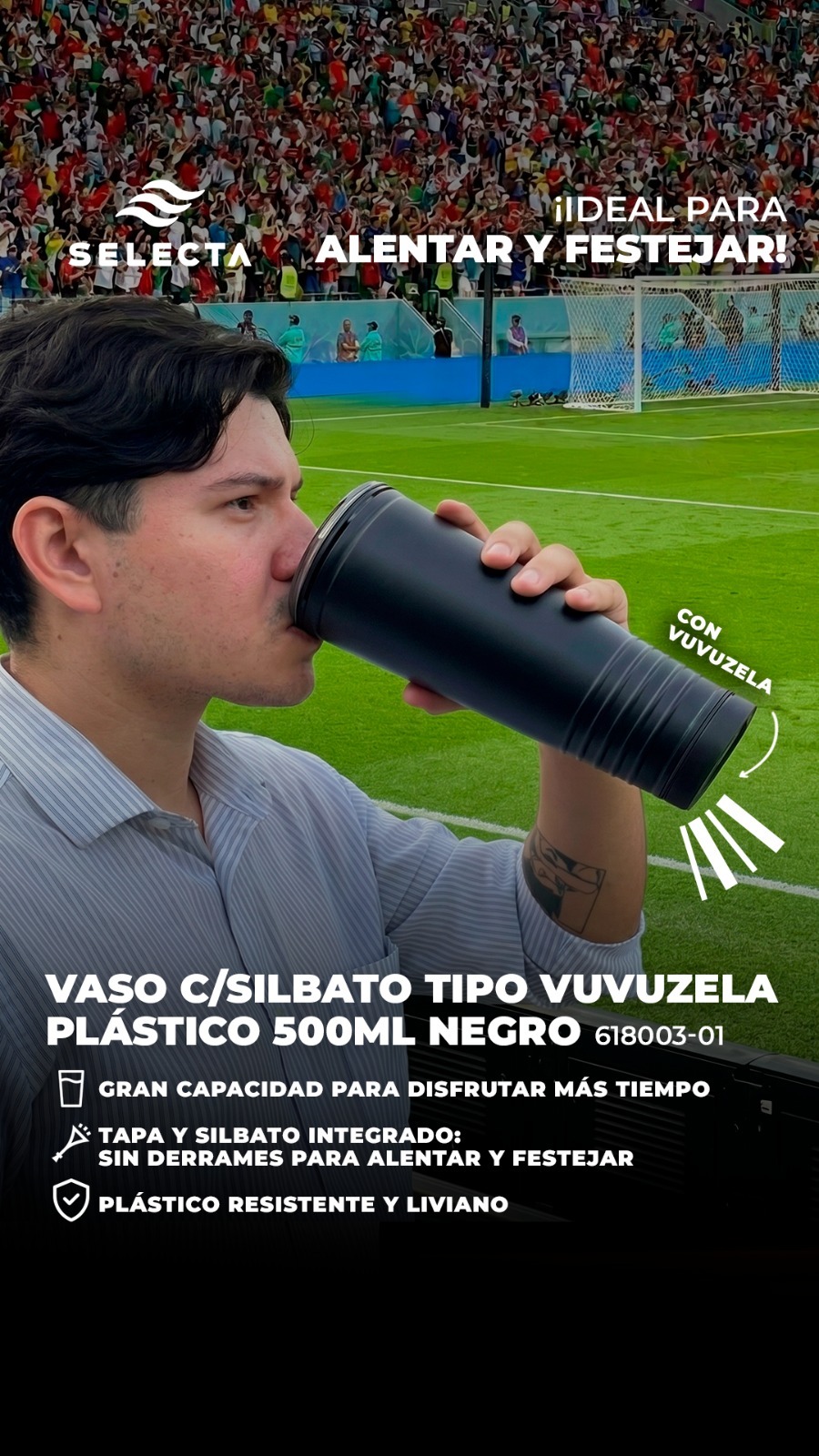 VASO C/SILBATO TIPO VUVUZELA PLASTICO 500ML NEGRO